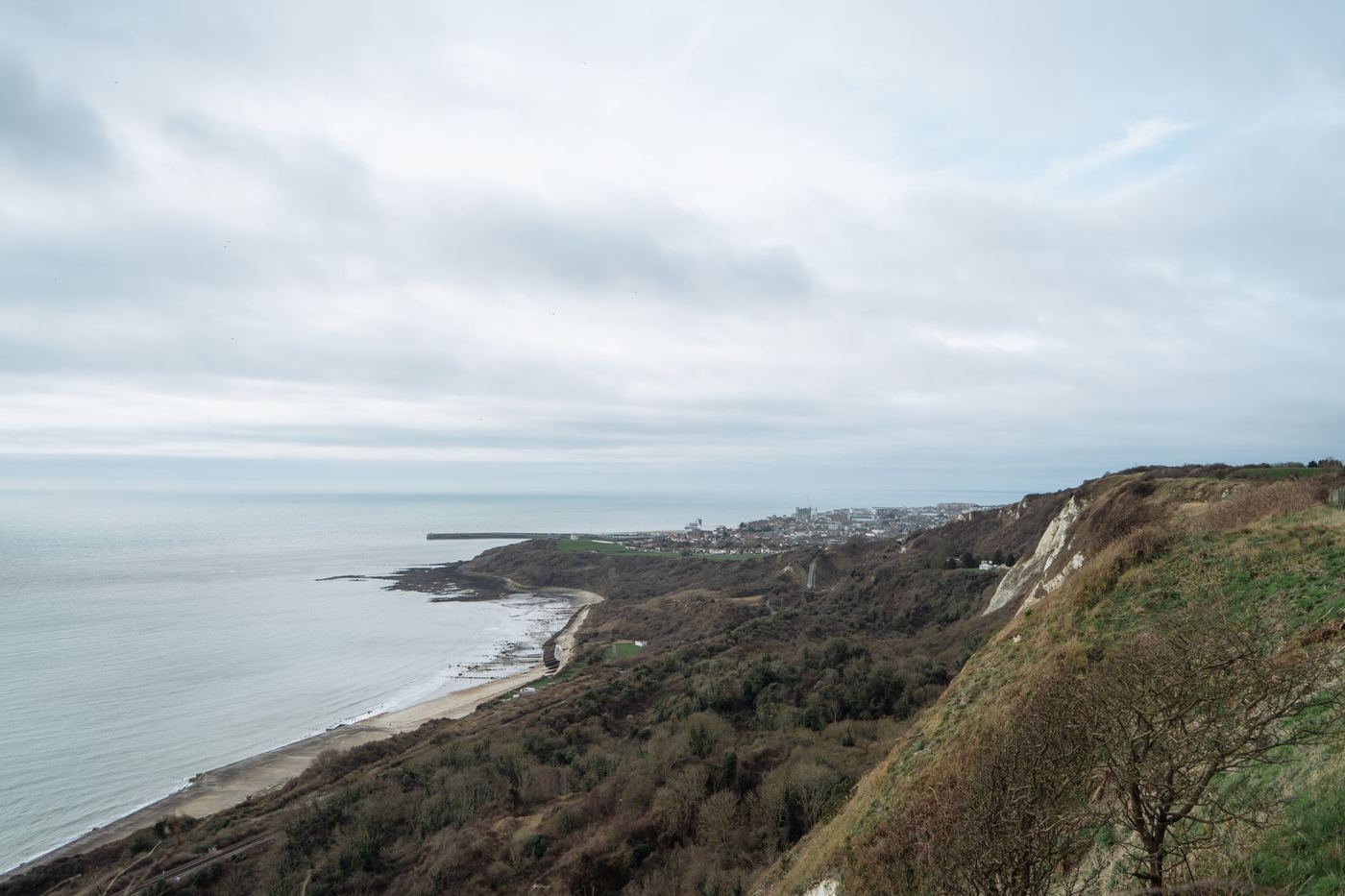 The English coastline seen from a clifftop above the sea