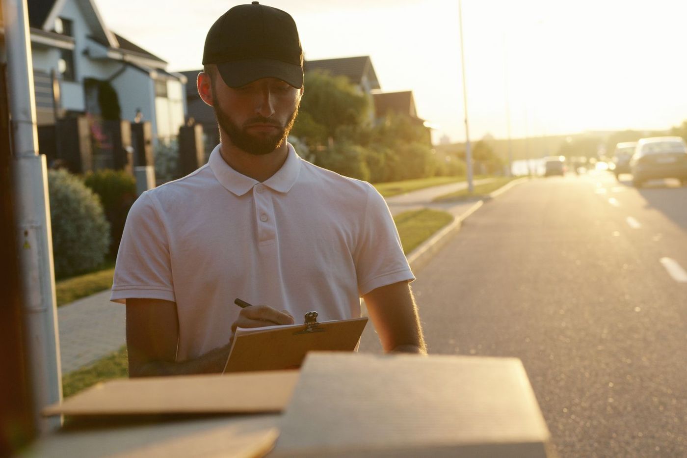 The view forward from a van cab on a suburban road with a cardboard box on the passenger seat