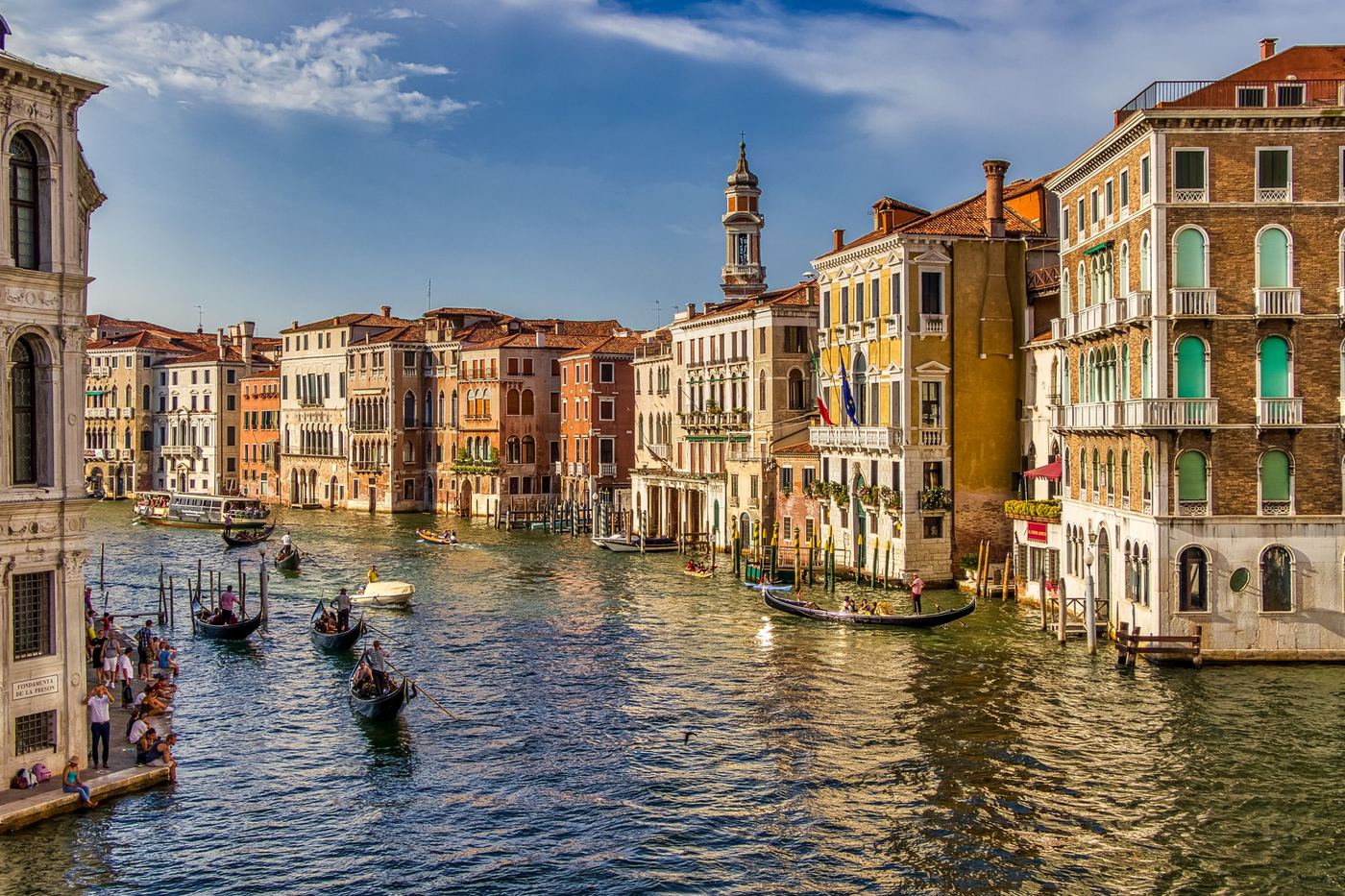 A view of gondolas moored on the Grand Canal in Venice, Veneto